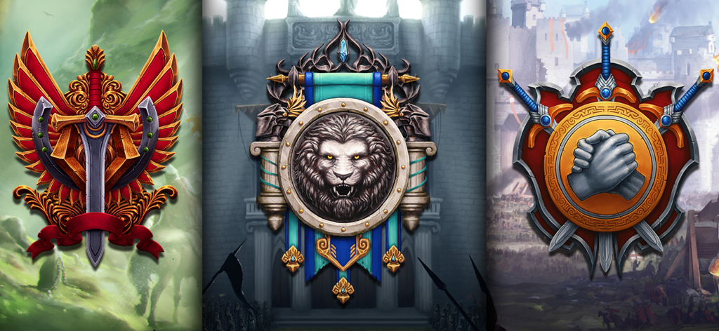 Three medieval heraldic emblems from Khan Wars representing nations and guilds.