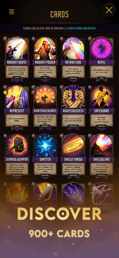 Dawncaster: Deckbuilding RPG - Dawncaster card collection screen showing a grid of hand-illustrated cards with the text discover 900 plus cards