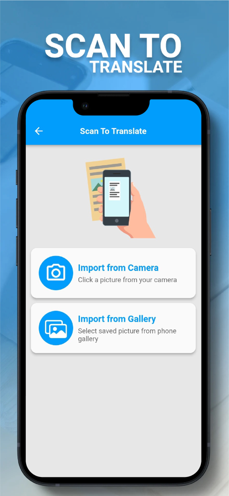 Speak and Translate Languages - Pantalla de la aplicación móvil que muestra la función de escaneo a traducción con opciones para importar desde la cámara o la galería