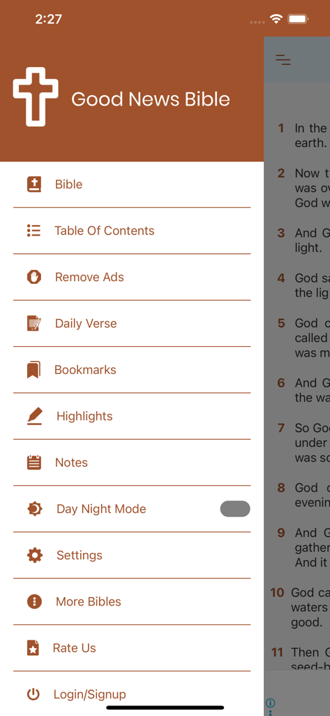 Menú lateral de la aplicación Biblia Buenas Noticias mostrando funciones como Versículo Diario, Marcadores y Modo Nocturno