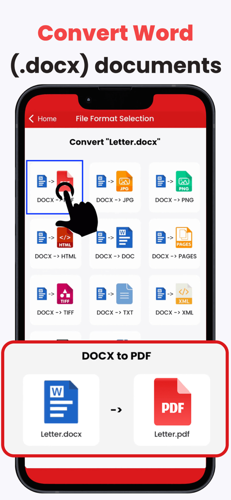 PDF Converter to WORD,JPEG,SVG - Interface of a mobile app showing the process of converting a Word docx document to a PDF file