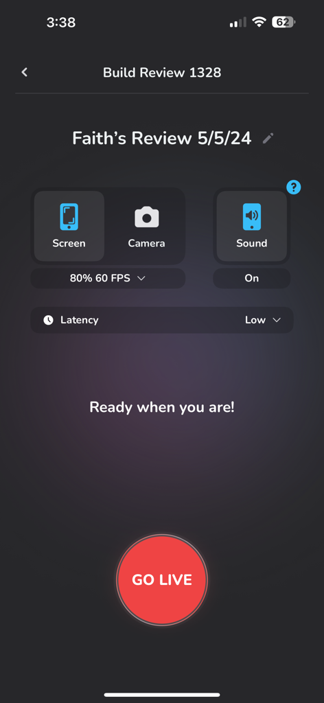 Live Aware: Mobile Streaming - The Live Aware mobile app Go Live screen with stream settings for game testing