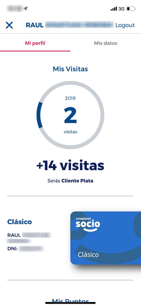 Socio Cineplanet loyalty card and visit progress on the mobile app profile page.