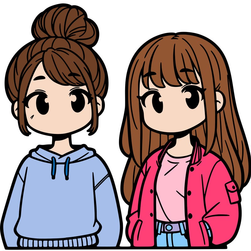 a girl with a bun and a sweatshirt. another girl with a shoulder-length ponytail with a jacket