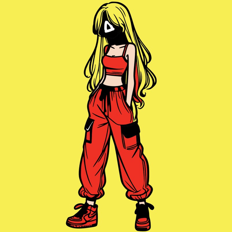 girl in baggy pants crop top and long hair