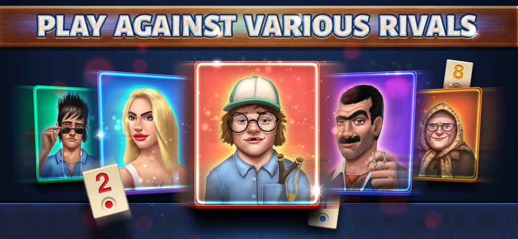 101 Okey - Uma demonstração de diversos oponentes de IA e retratos de personagens no 101 Okey.