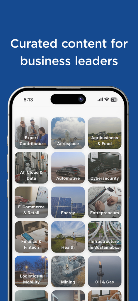 Mexico Business News - 멕시코 비즈니스 뉴스 앱 인터페이스에 비즈니스 전문가를 위한 큐레이션된 산업 부문 표시