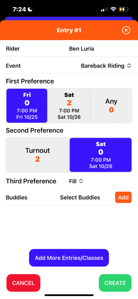 NextGenRodeo mobile app interface showing a rodeo event entry form for bareback riding