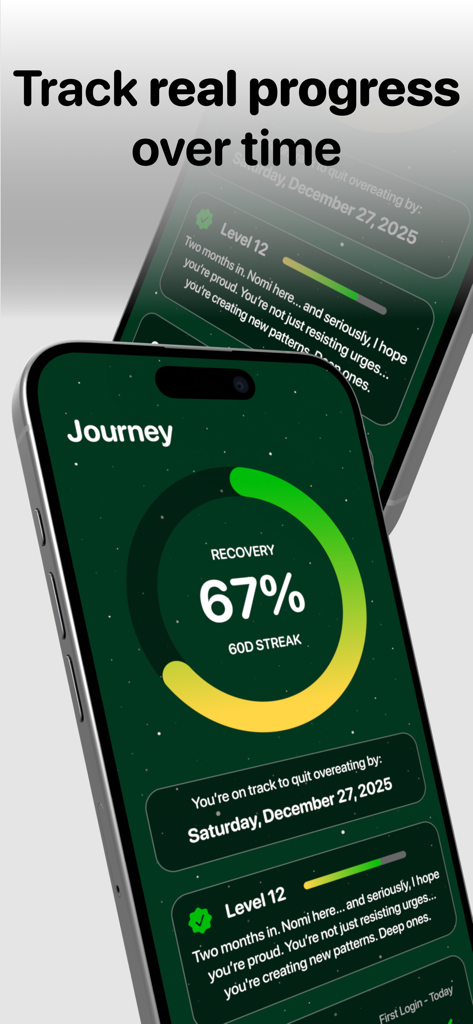 Cravr: Craving Companion - La interfaz de la aplicación Cravr que muestra un progreso de recuperación del 67 por ciento y un indicador de racha de 60 días sobre un fondo verde oscuro.