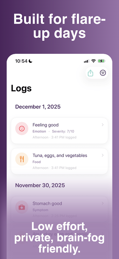 Plum: AI Symptom Tracker - Interface de l'application Plum affichant les journaux de santé quotidiens pour l'humeur et l'alimentation, conçus pour un suivi sans effort