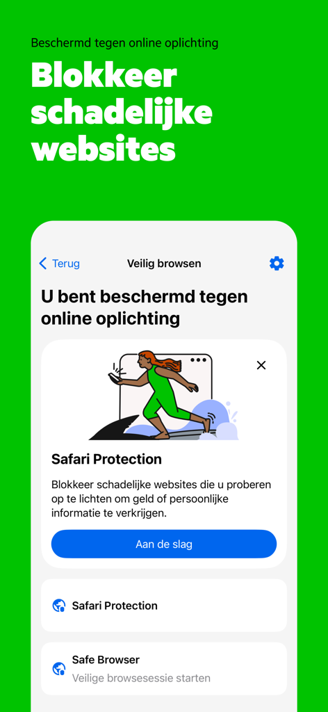 KPN Veilig Browser - Interface of KPN Veilig Browser showing Safari protection to block harmful websites and online scams