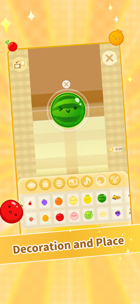 Suika Game-Aladdin X - Suika Game decoration and place menu showing various cute fruit icons and a winking watermelon