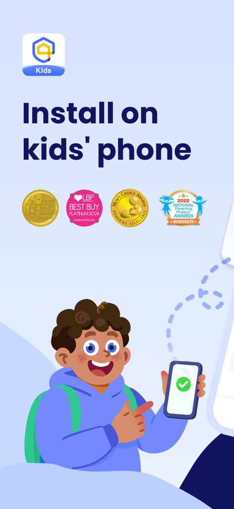 AirDroid Kids - Screen Time - Pantalla de instalación de la aplicación AirDroid Kids para el teléfono de un niño con premios para padres.