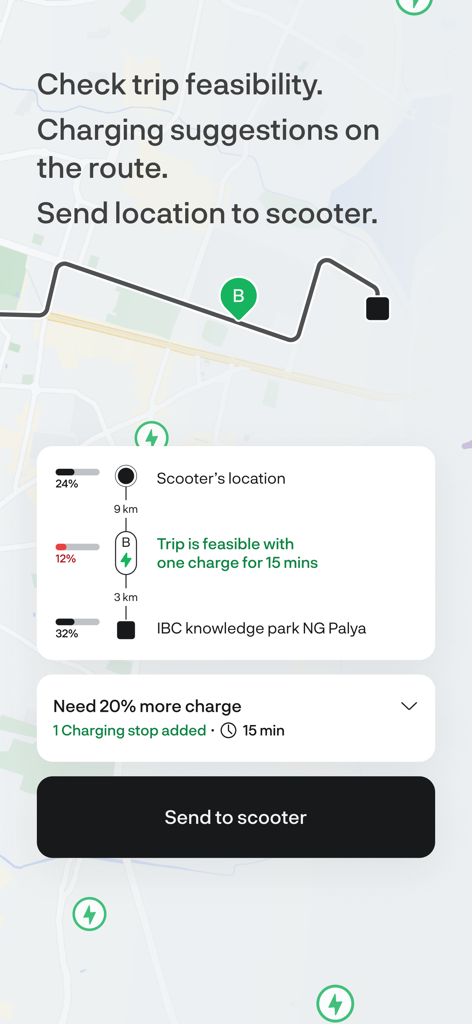 Ather - Ather app interface showing trip feasibility and charging suggestions along a planned route for an electric scooter