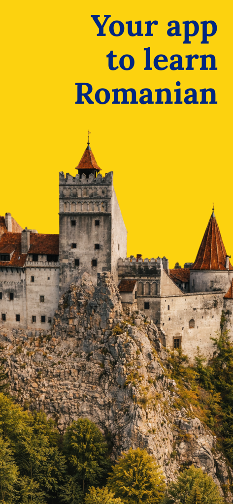 Tela promocional para o aplicativo Aprenda Romeno mostrando um castelo medieval em um fundo amarelo