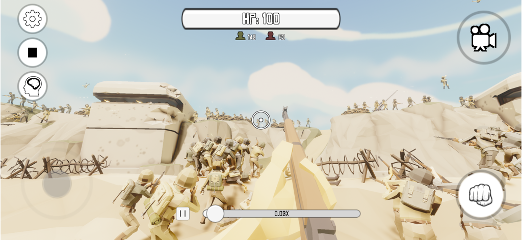 First person view of a military battle simulation with low poly soldiers and bunkers