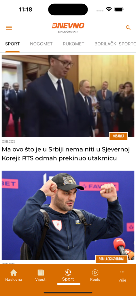 Dnevno.hr - Dnevno.hr mobile app interface showing the sports news category with articles and photos.