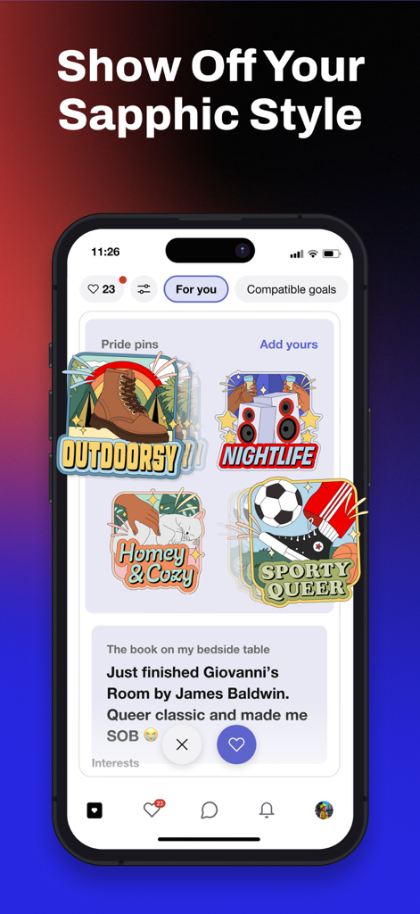 HER dating app interface showing customizable Pride pins and profile interests for queer women