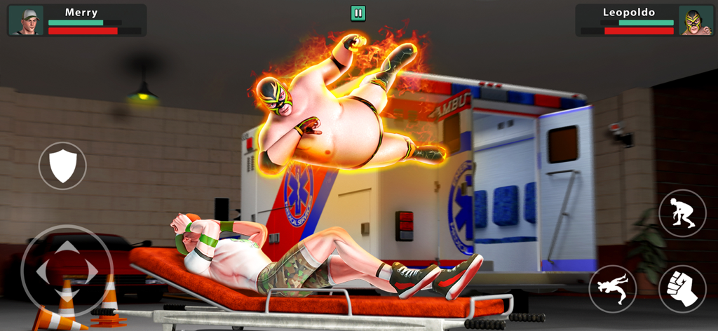 Wrestling Games : Pro Champion - A luchador wrestler performing a fiery flying splash on an opponent on a gurney next to an ambulance.