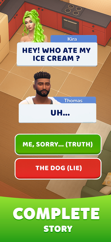 Una captura de pantalla de Life Sim 3D que muestra a los personajes Kira y Thomas en una cocina con opciones de diálogo para decir la verdad o mentir sobre comer helado.