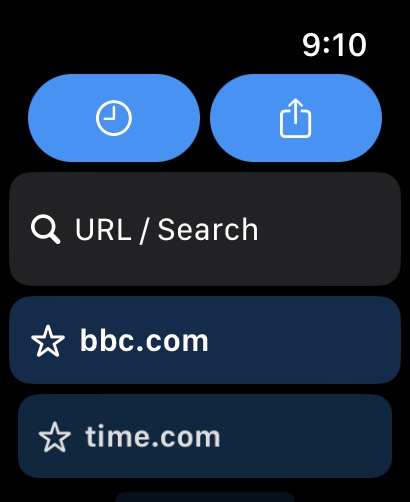 LAZER Browser - Main menu of LAZER Browser on Apple Watch featuring a URL search bar and bookmarks for news websites.