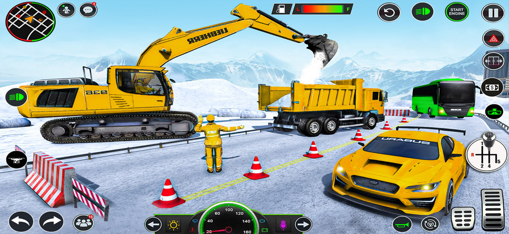 JCB Backhoe Loader Driving - A yellow excavator loading snow into a dump truck next to a sports car in a winter construction simulation game