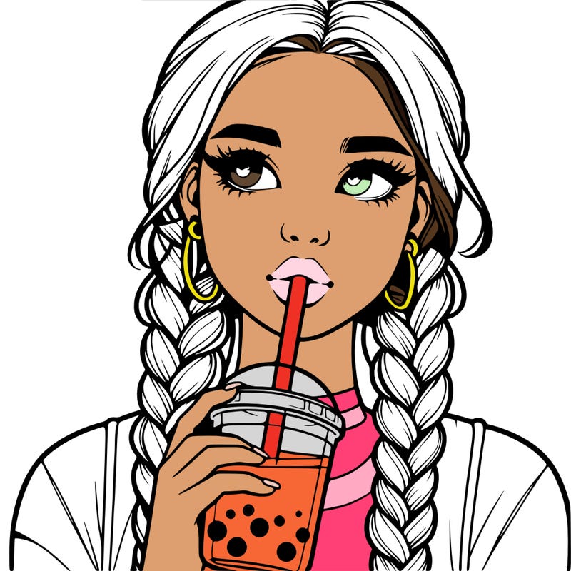realistic girl with braided hair drinking boba