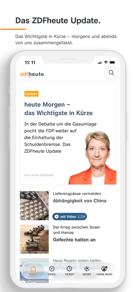 ZDFheute - Nachrichten - スマートフォンに表示されたZDFheuteニュースアプリ。朝のアップデート概要と世界のニュースヘッドラインが表示されています。