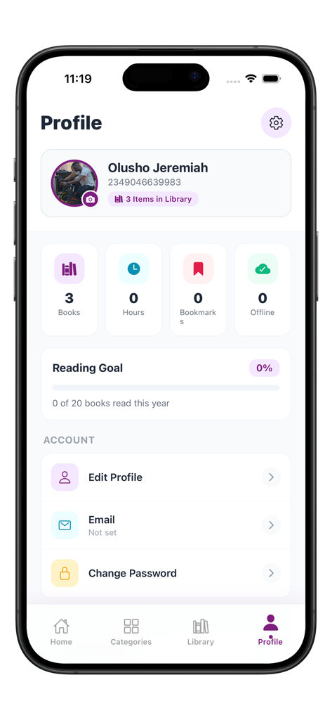 The profile screen of the MFM eBooks app showing user stats reading goals and account settings