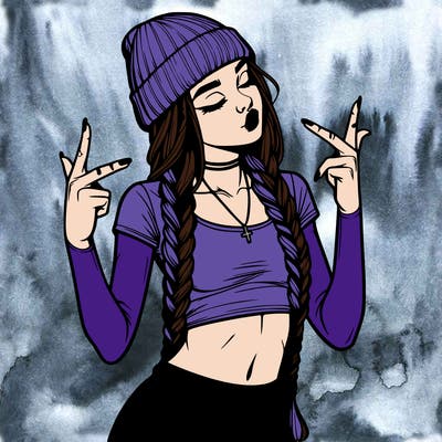 realistic teenage girl with braids and a beanie and crop top doing 🫶🏼