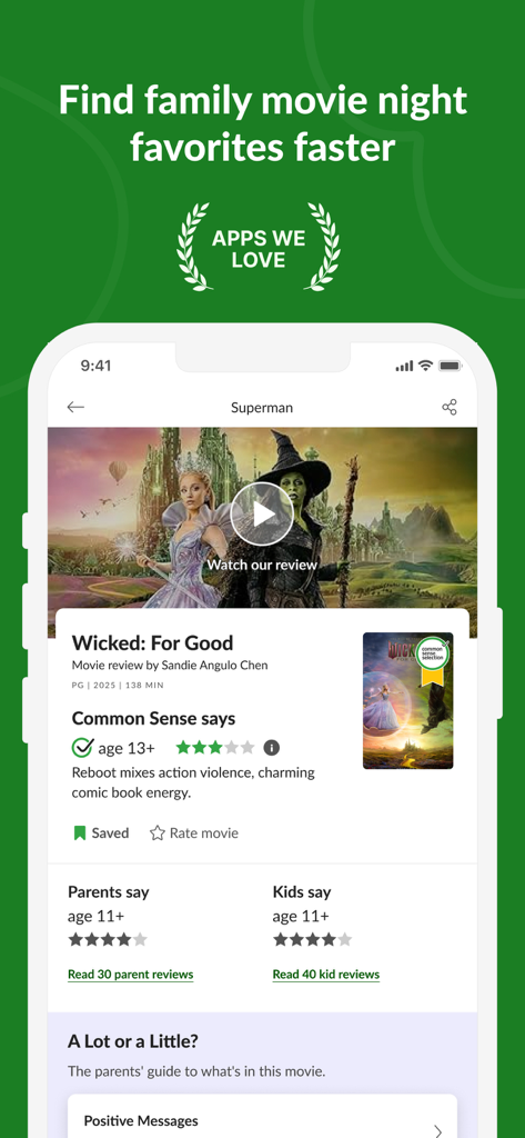 Common Sense Media - Common Sense Media app interface showing a movie review for Wicked with age recommendations from experts, parents, and kids.