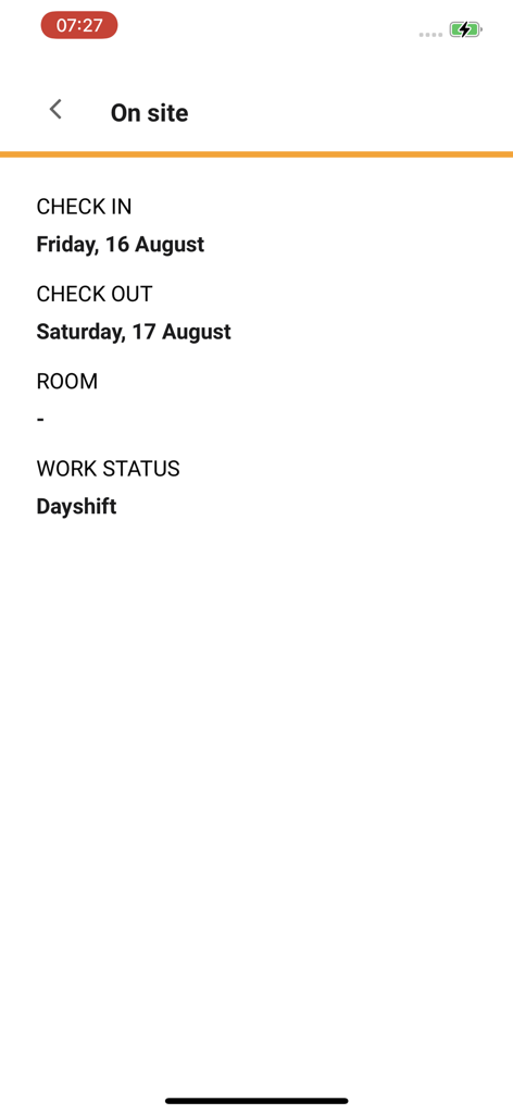 InFlight app displaying on site accommodation and work shift information