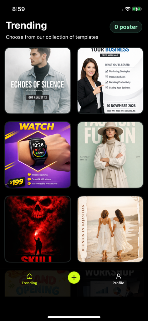 AI Poster Maker AI Generator - AI Poster Maker app showing a collection of trending templates for professional posters and social media graphics