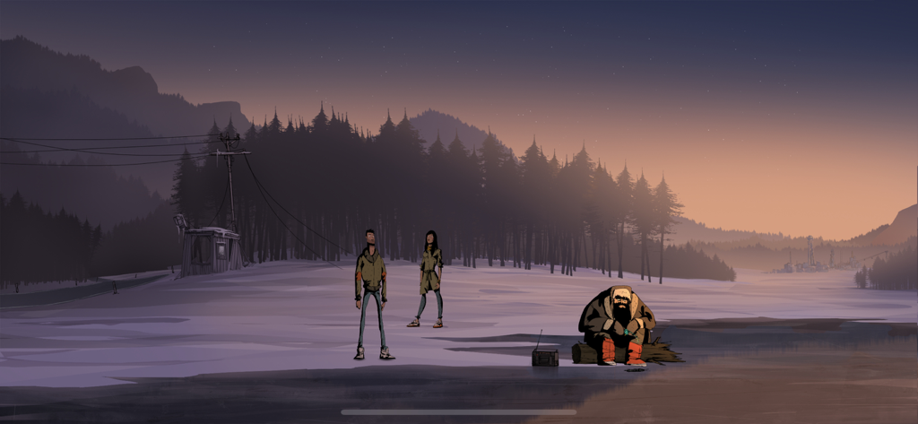 Hand-painted snowy landscape at dusk with characters in the mystery adventure game Unforeseen Incidents