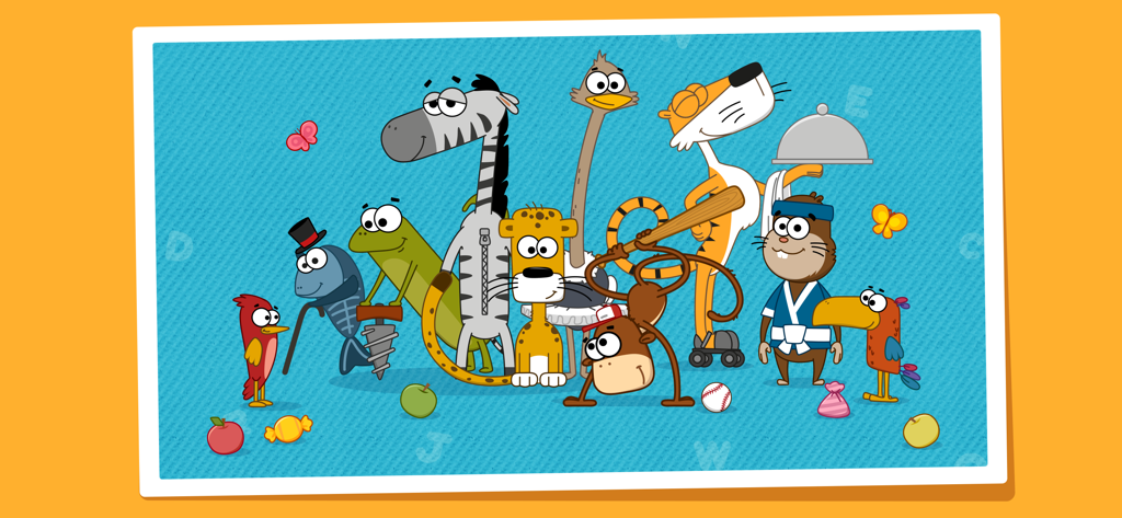 Alive Alphabet: Letter Tracing - A group of colorful cartoon animals from the Alive Alphabet letter tracing app including a zebra and a monkey.