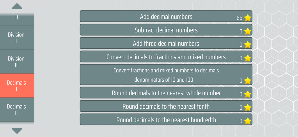 A menu screen in the Math Shot app listing various decimal math topics for elementary students