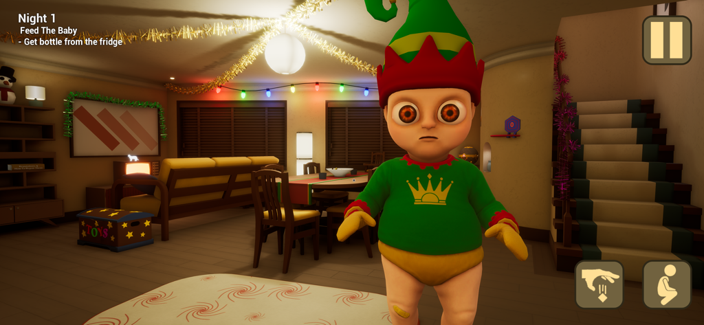 Gameplay screenshot of The Baby In Yellow featuring a baby dressed as an elf in a Christmas themed room.