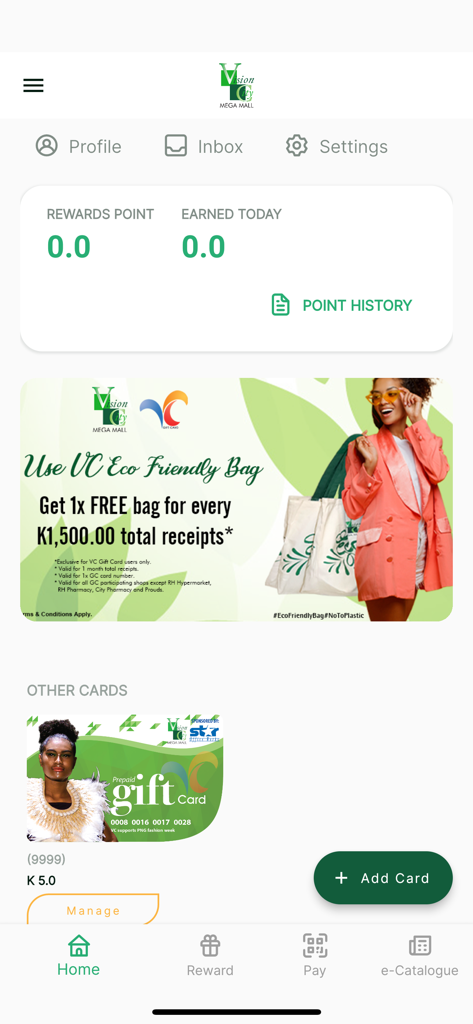 VCGC - VCGC mobile app home screen showing rewards points balance promotional banner for eco friendly bags and gift card management for Vision City Mega Mall