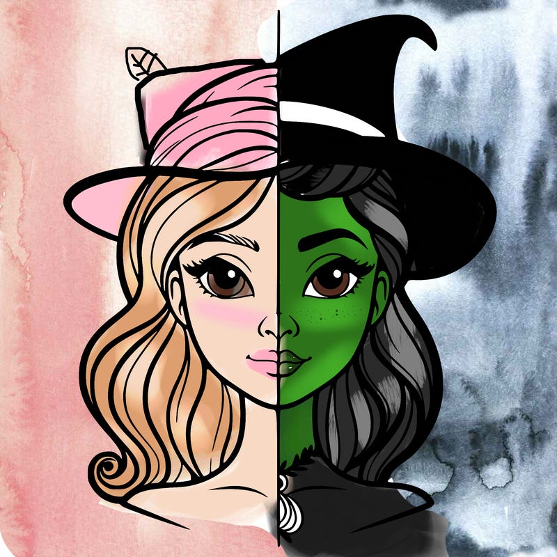 a girls face in have one side elphapha  the other side glinda for om wivked