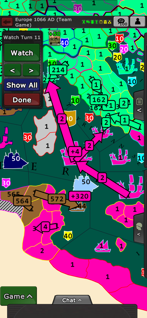 Warzone - turn based strategy - Warzone turn based strategy map showing territory control and planned troop movements.