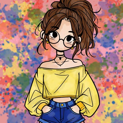 girl with a messy ponytail glasses a baggy crop top and jean shorts