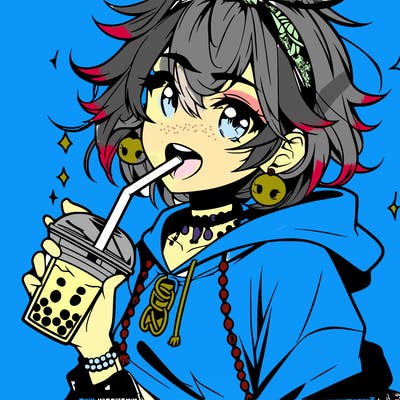 hot baddie anime girl drinking boba and biting the straw