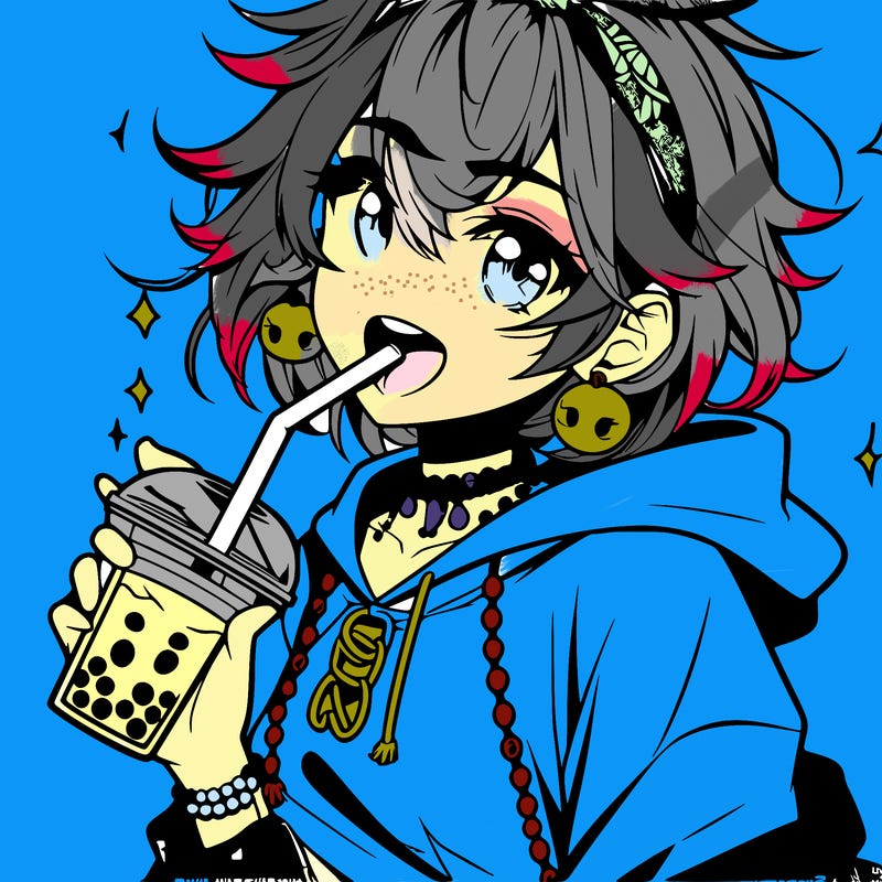 hot baddie anime girl drinking boba and biting the straw