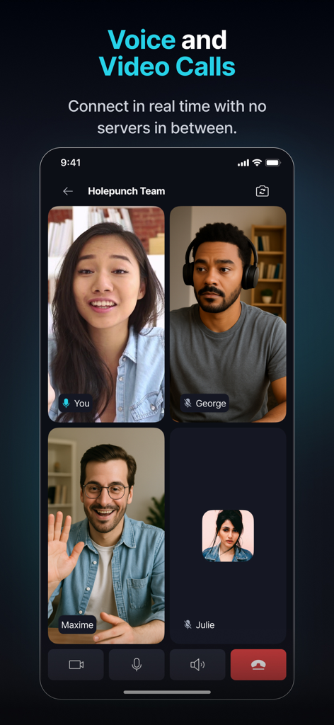 4명의 참가자가 참여하는 보안 그룹 영상 통화를 보여주는 Keet 앱 인터페이스