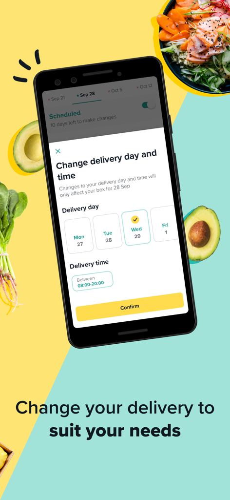 Marley Spoon App-Oberfläche mit Optionen zum Ändern des Liefertags und der Lieferzeit für eine Kochbox