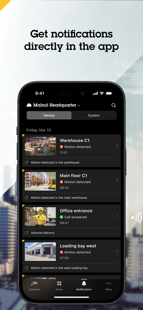 Interface d'AXIS Camera Station affichant des alertes de sécurité pour les entrées de l'entrepôt et du bureau