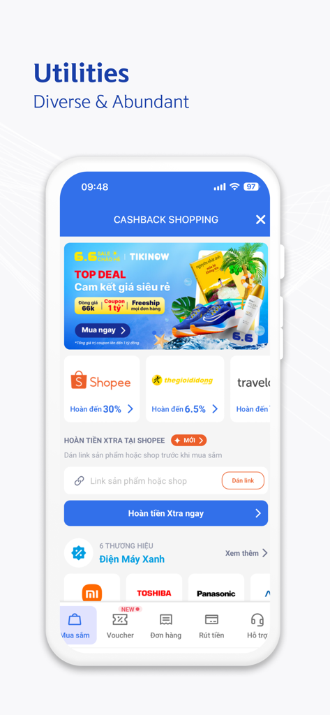 Shinhan SOL Vietnam - Shinhan SOL Vietnam app utilities screen featuring cashback shopping offers from various partners