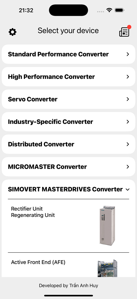 SINAMICS Fault Finder - Mobile app screen showing a menu to select industrial converter categories like Servo and High Performance