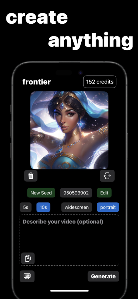 AI Video Generator Frontier AI - AI Video Generator Frontier AI app interface showing a generated image of a woman with settings for seed control video duration and orientation