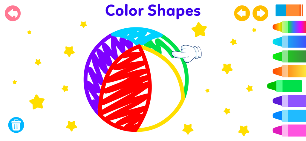 A digital coloring activity for kids showing a beach ball being colored with vibrant crayons